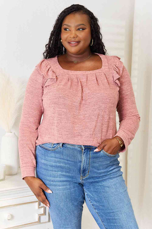 Double Take Ruffle Shoulder Square Neck Long Sleeve Blouse - Regular to Plus Size