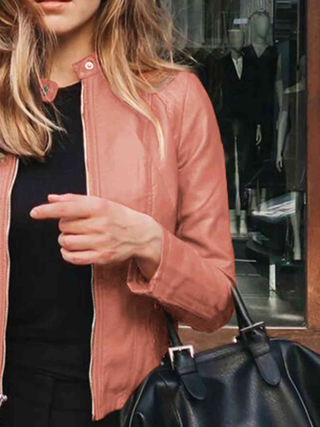 Faux Leather Zip-Up Jacket with Mock Neck