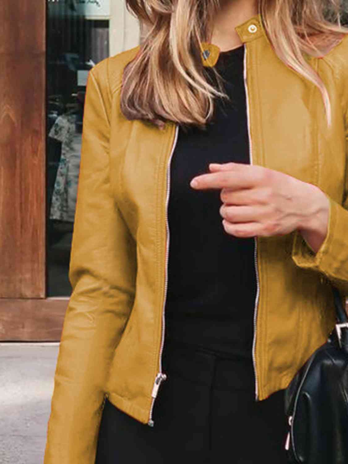 Faux Leather Zip-Up Jacket with Mock Neck