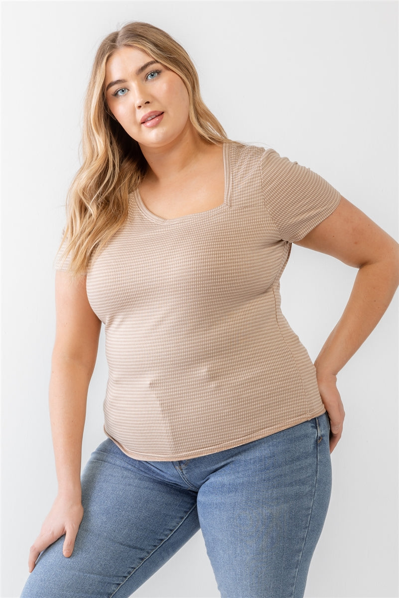 Plus Taupe Waffle Knit Angled Neck Short Sleeve Top