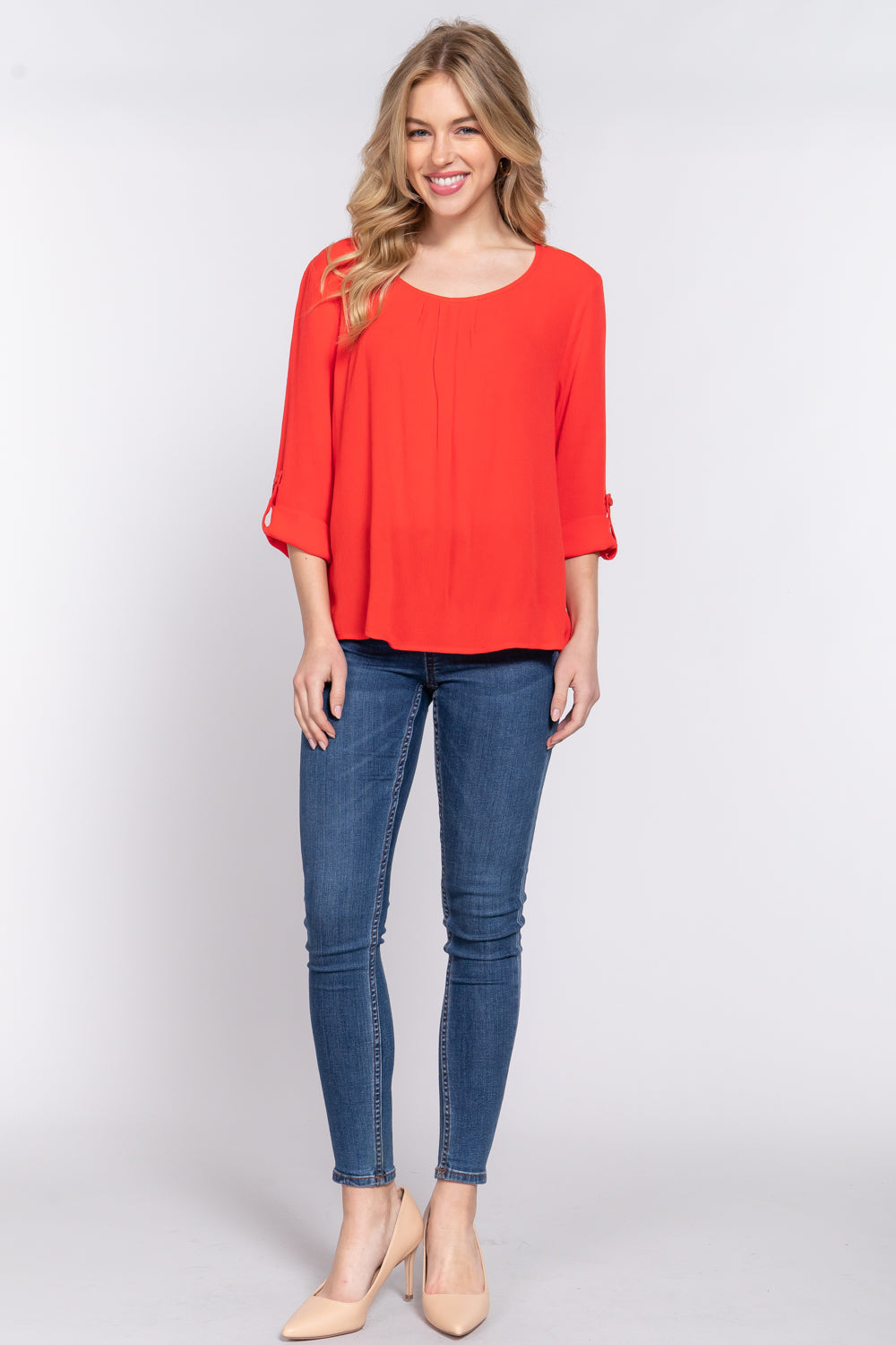 3/4 Roll Up Slv Pleated Blouse