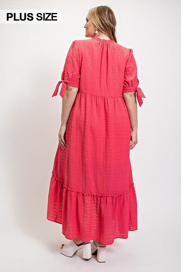 Solid Textured Button Down And Hi - Low Hem Maxi Dress With Tie Sleeve And Slip Dress