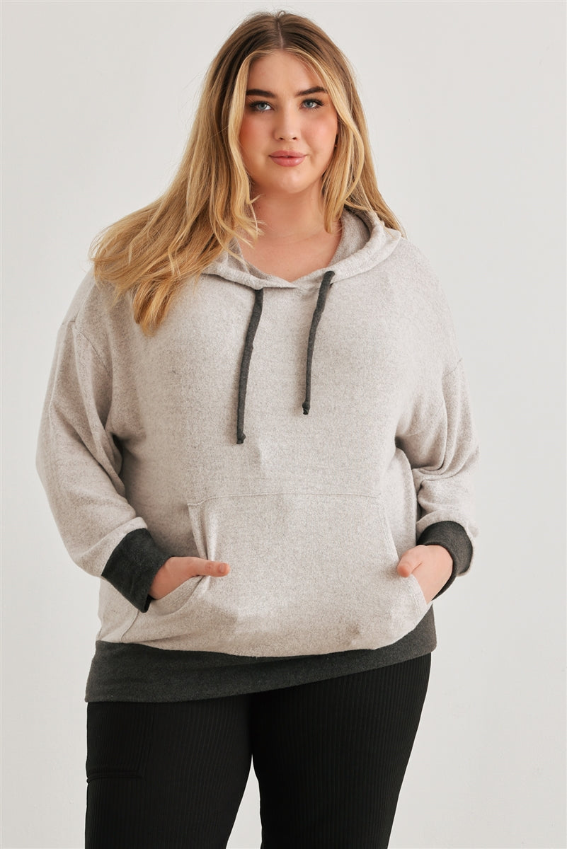 Plus Heather Grey & Charcoal Soft-to-touch One Pocket Hooded Sweater