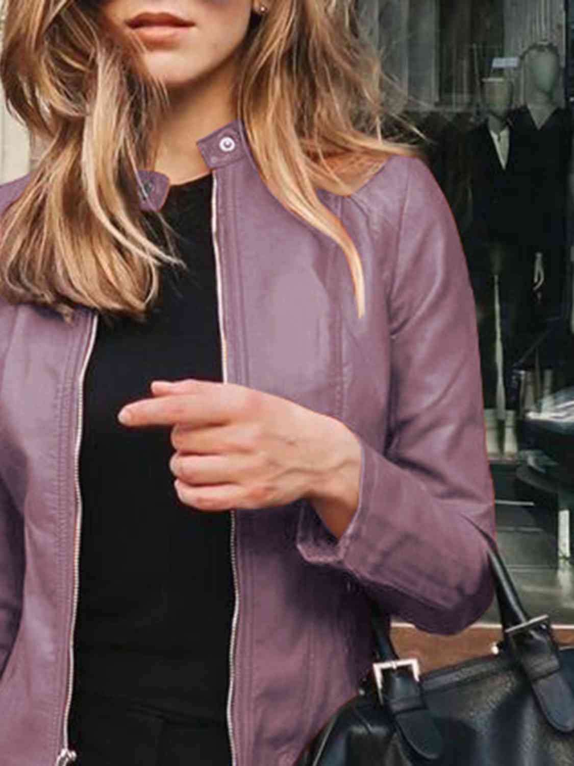 Faux Leather Zip-Up Jacket with Mock Neck