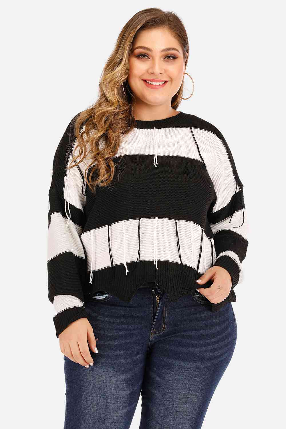Plus Size Color Block Drop Shoulder Sweater