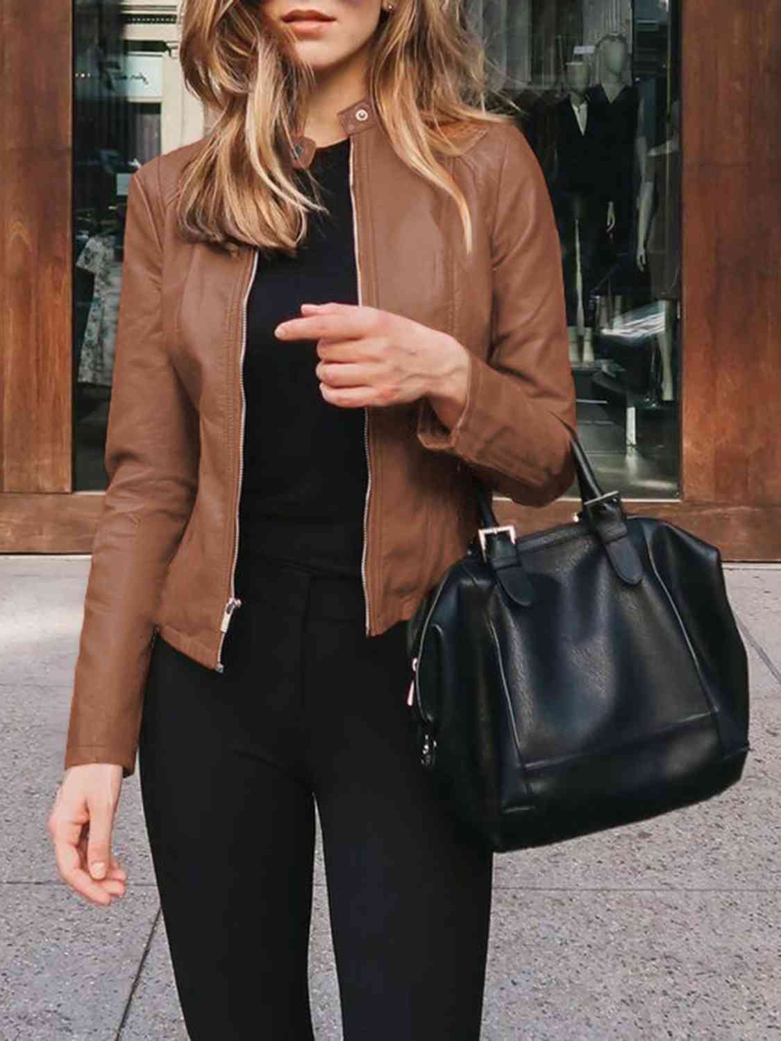 Faux Leather Zip-Up Jacket with Mock Neck